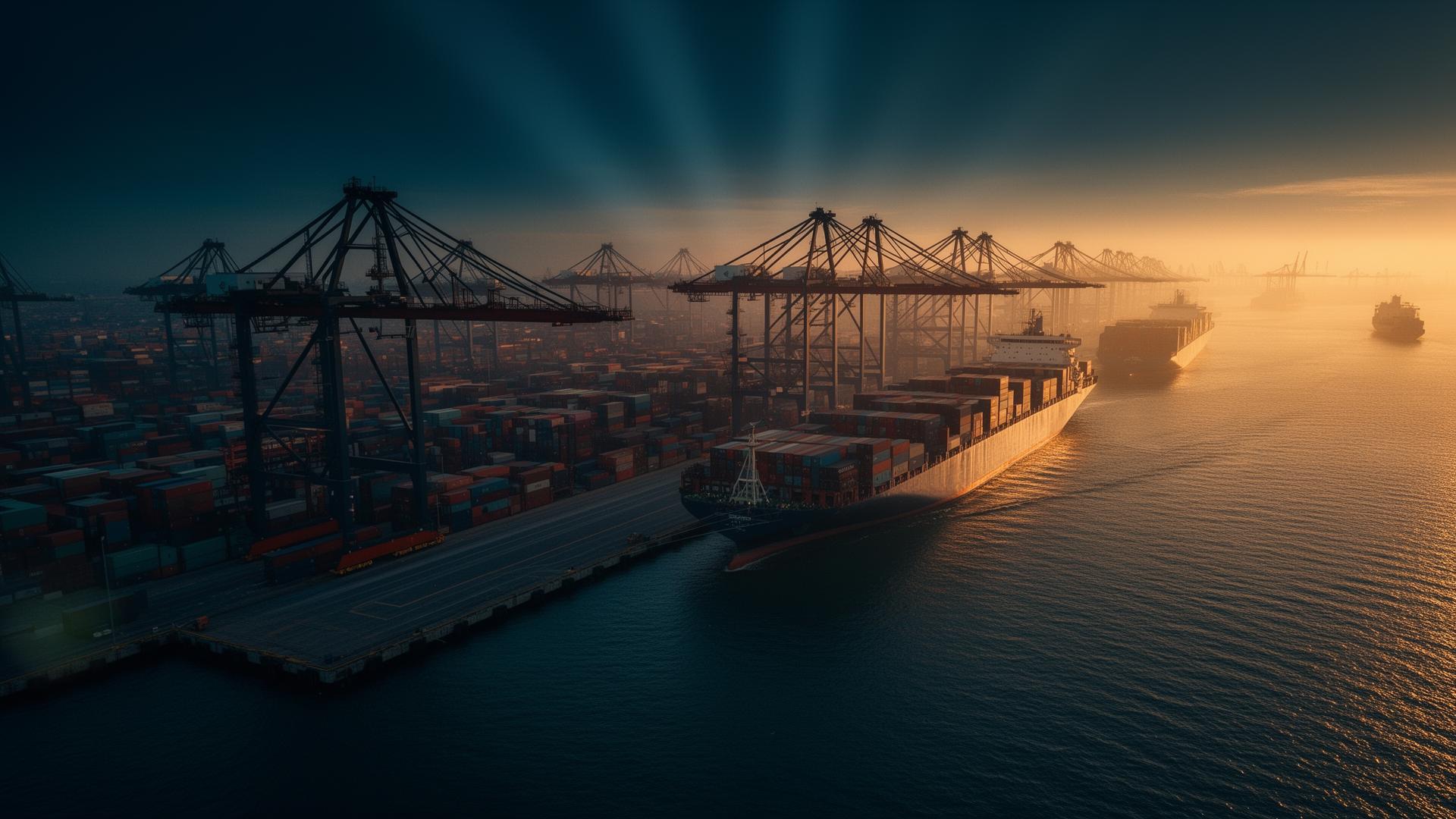 International cargo port at golden hour